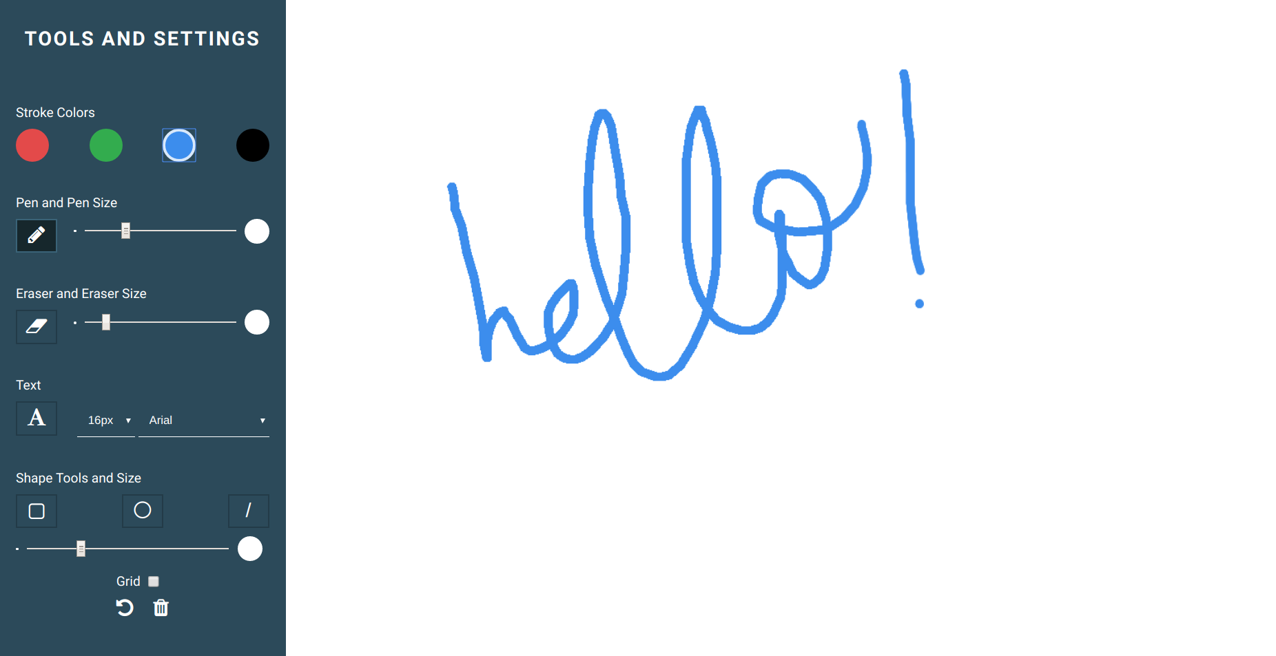 HTML5 sketchpad with 'hello' written on the canvas